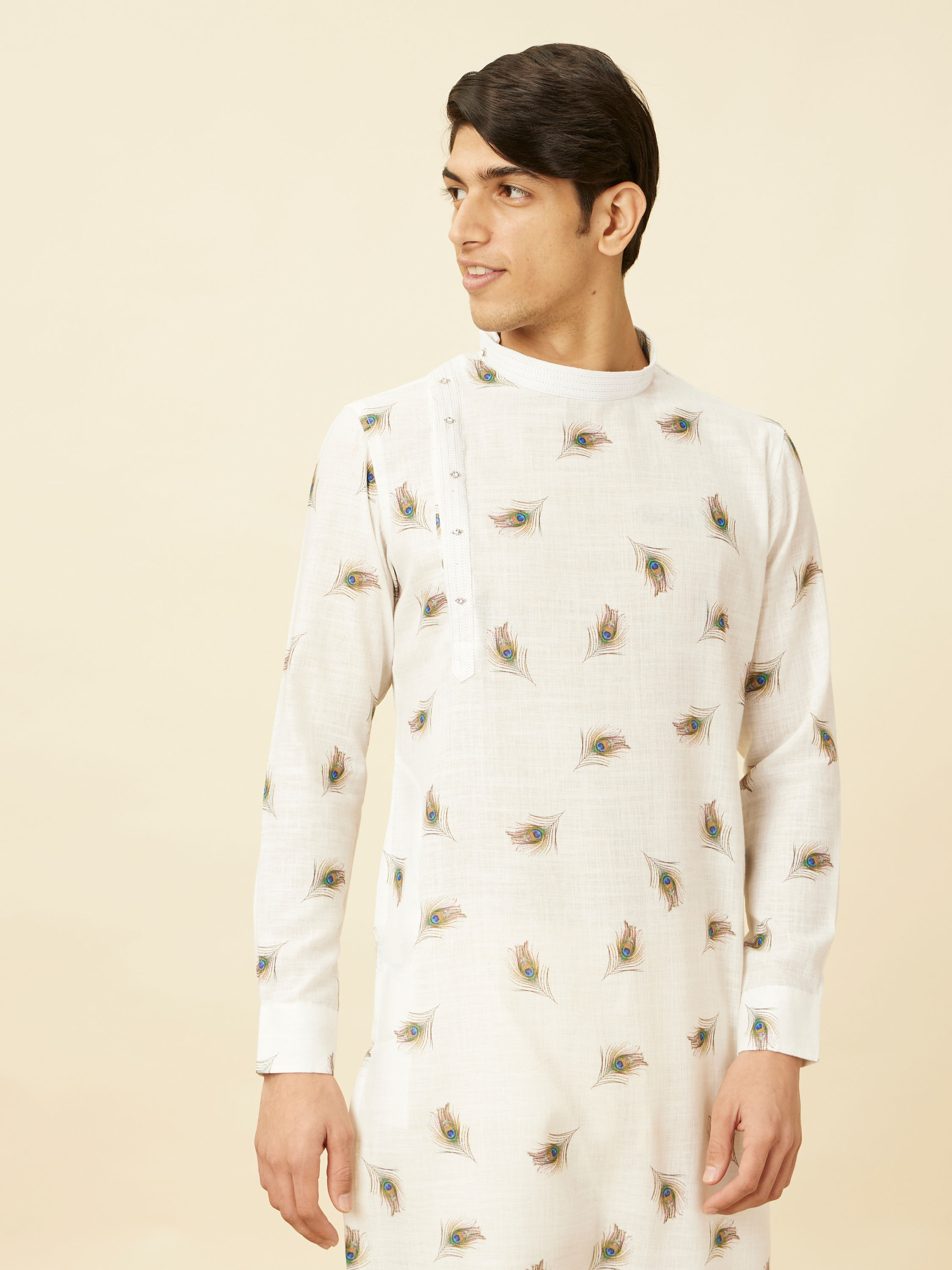 Manyavar Men Bright White Angrakha Style Kurta with Mor Pankh Print