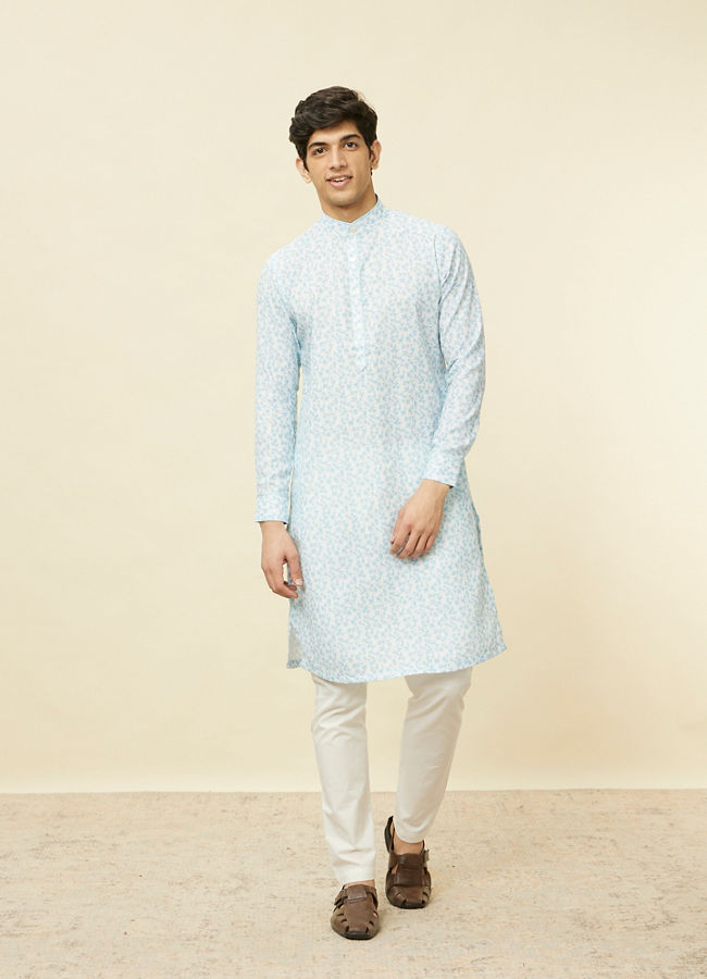 alt message - Manyavar Men Aqua Blue Bel Buti Printed Kurta image number 2