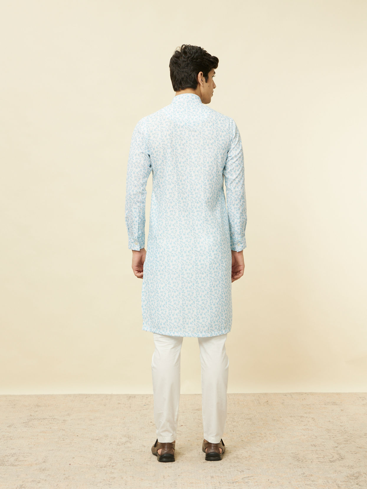 Manyavar Men Aqua Blue Bel Buti Printed Kurta