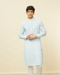 Manyavar Men Aqua Blue Bel Buti Printed Kurta