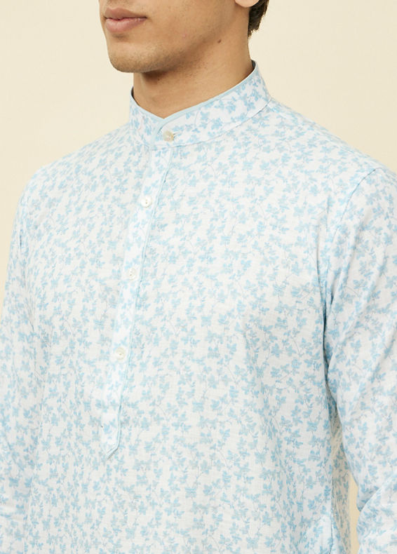 Manyavar Men Aqua Blue Bel Buti Printed Kurta