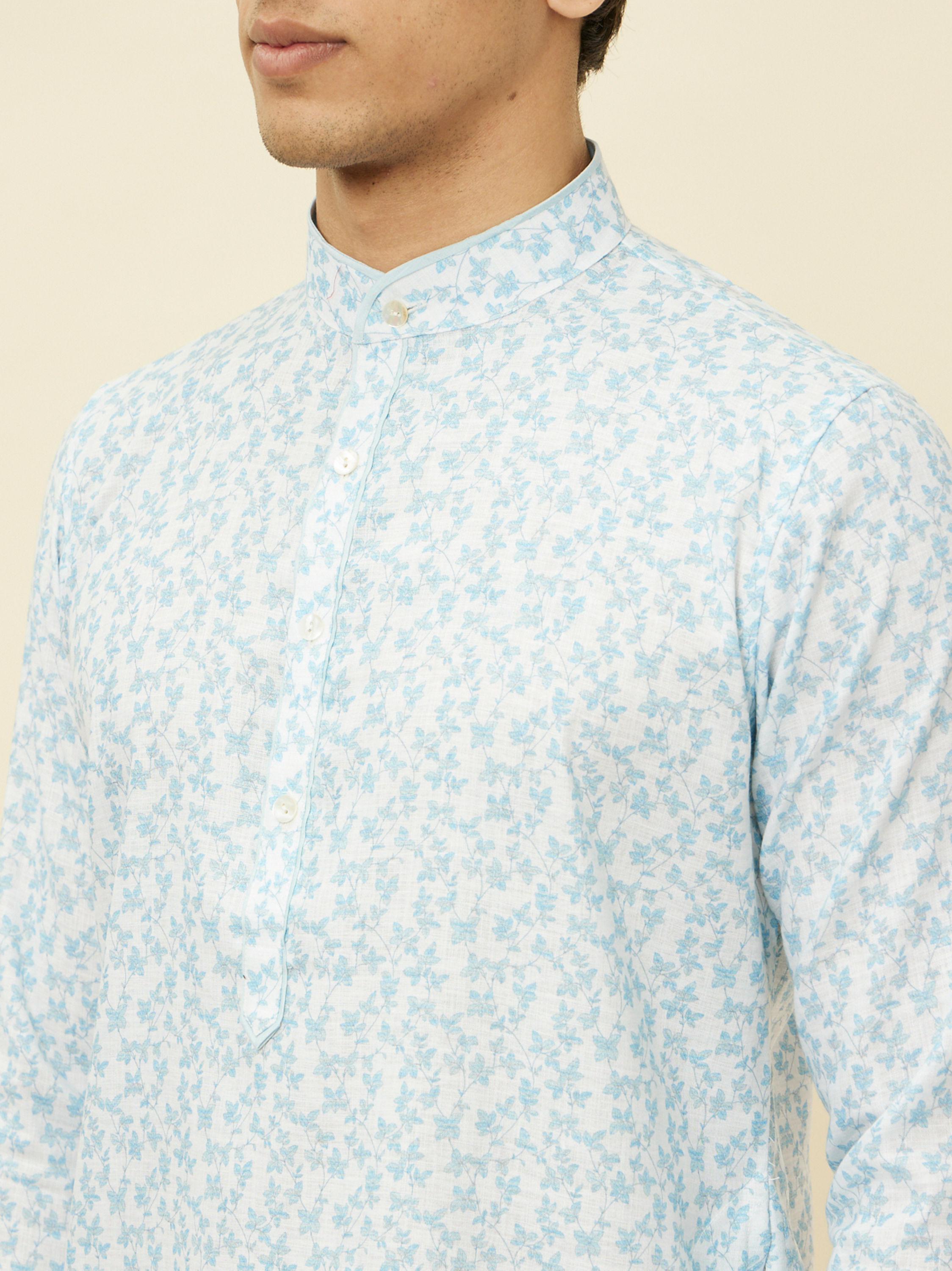 Manyavar Men Aqua Blue Bel Buti Printed Kurta
