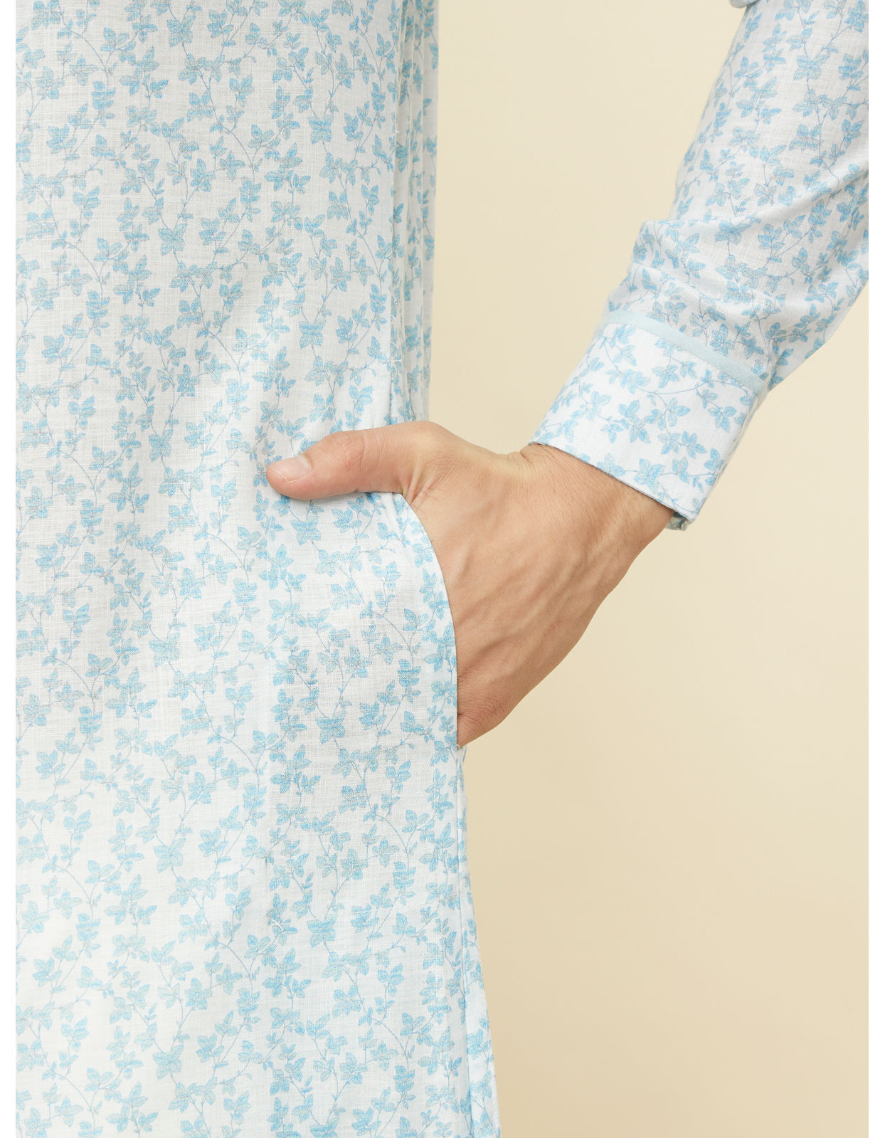 Manyavar Men Aqua Blue Bel Buti Printed Kurta