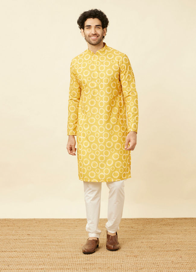 alt message - Manyavar Men Sunrise Orange Circular Printed Kurta image number 2