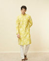 Manyavar Men Corn Yellow Floral Printed Kurta