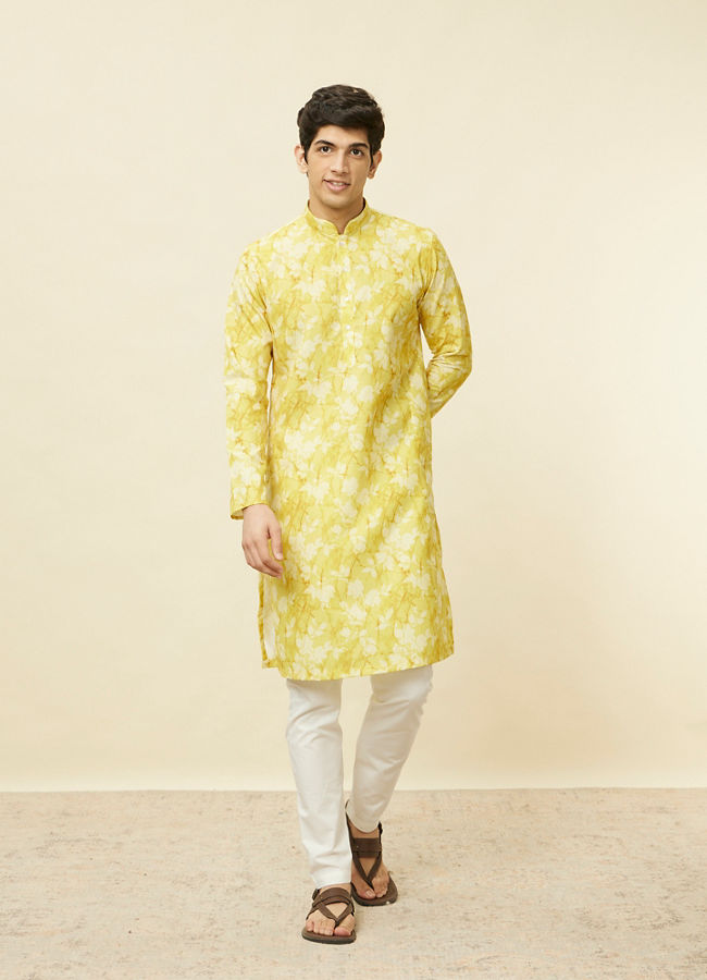 Manyavar Men Corn Yellow Floral Printed Kurta