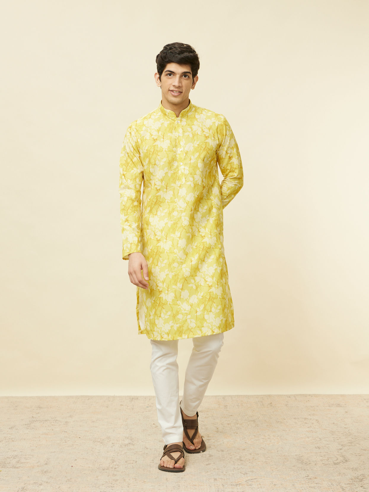 Manyavar Men Corn Yellow Floral Printed Kurta