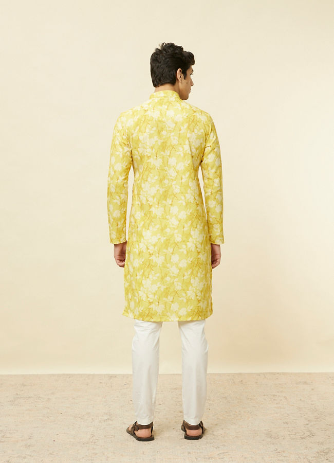 Manyavar Men Corn Yellow Floral Printed Kurta