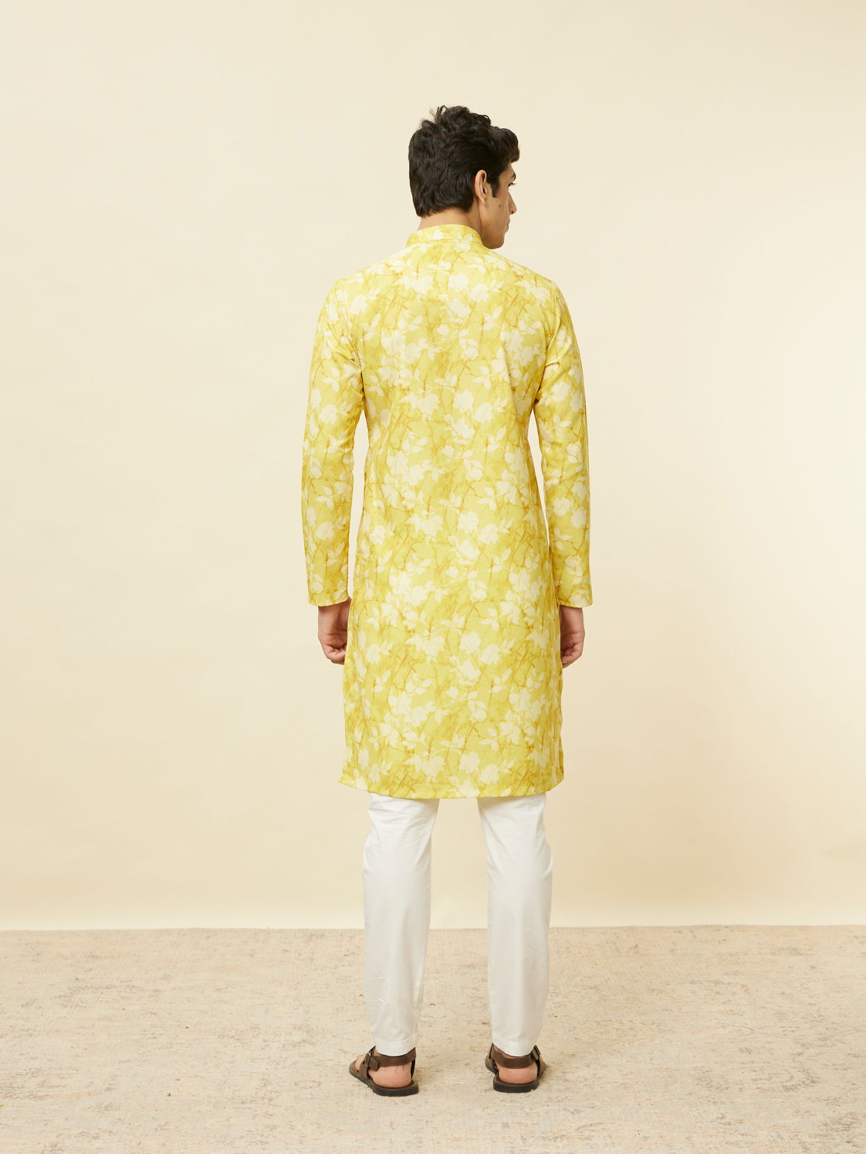Manyavar Men Corn Yellow Floral Printed Kurta