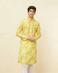 Manyavar Men Corn Yellow Floral Printed Kurta