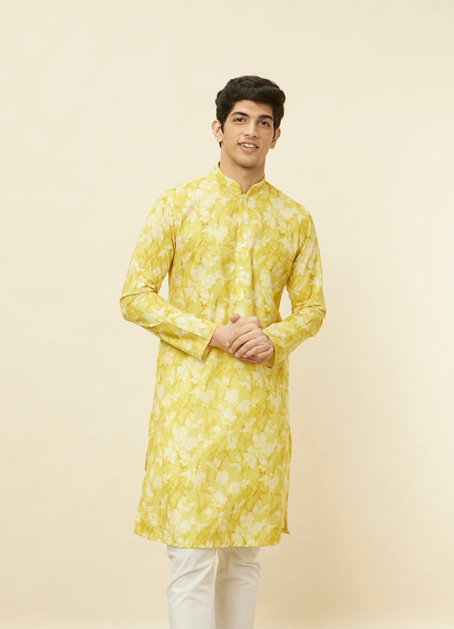 alt message - Manyavar Men Corn Yellow Floral Printed Kurta image number 0