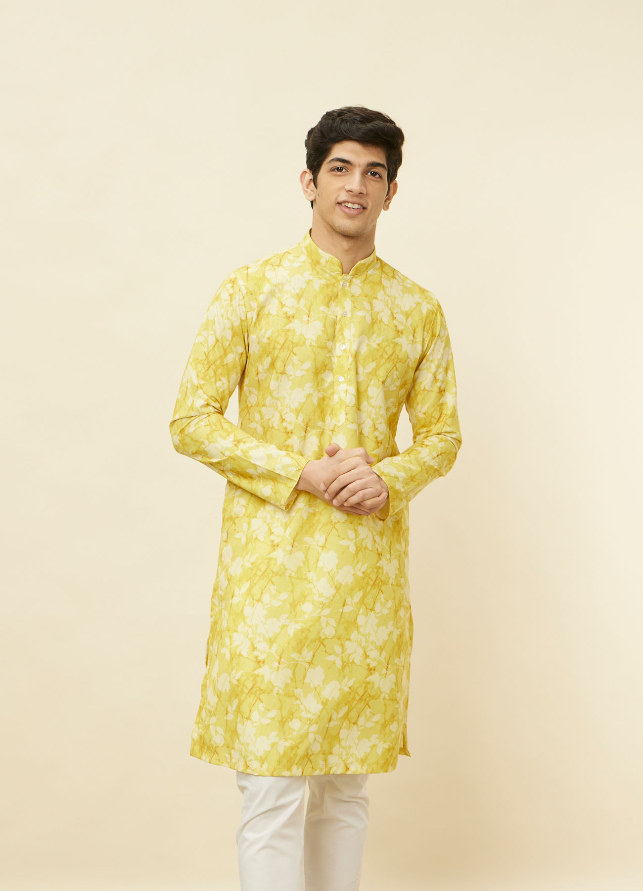 Manyavar Men Corn Yellow Floral Printed Kurta