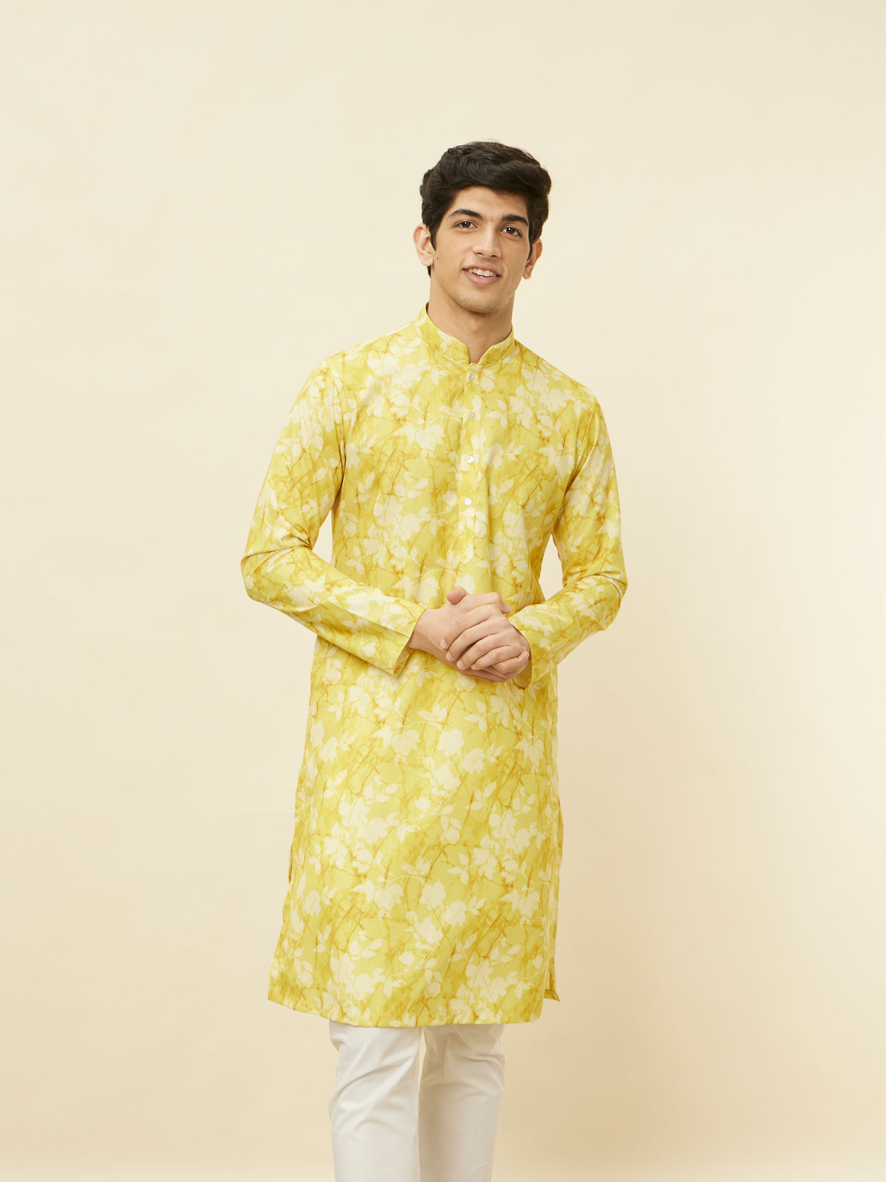 alt message - Manyavar Men Corn Yellow Floral Printed Kurta image number 0