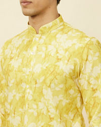 Manyavar Men Corn Yellow Floral Printed Kurta