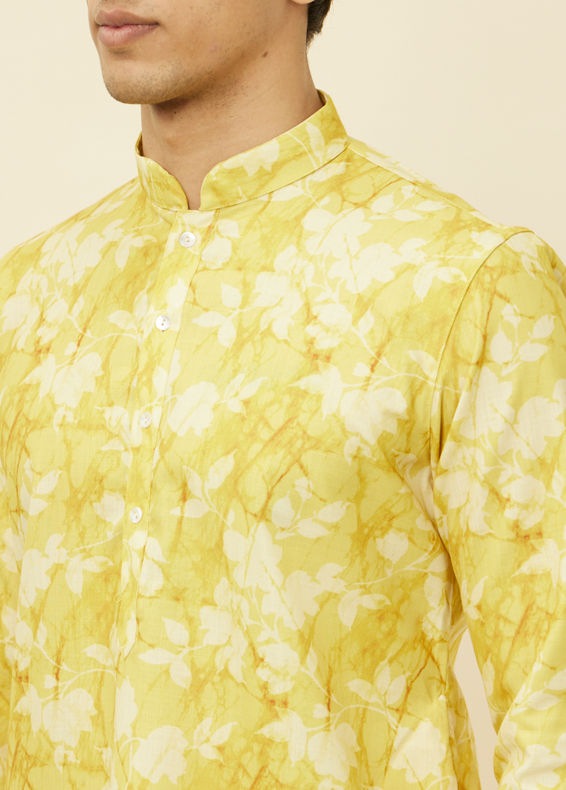 Manyavar Men Corn Yellow Floral Printed Kurta