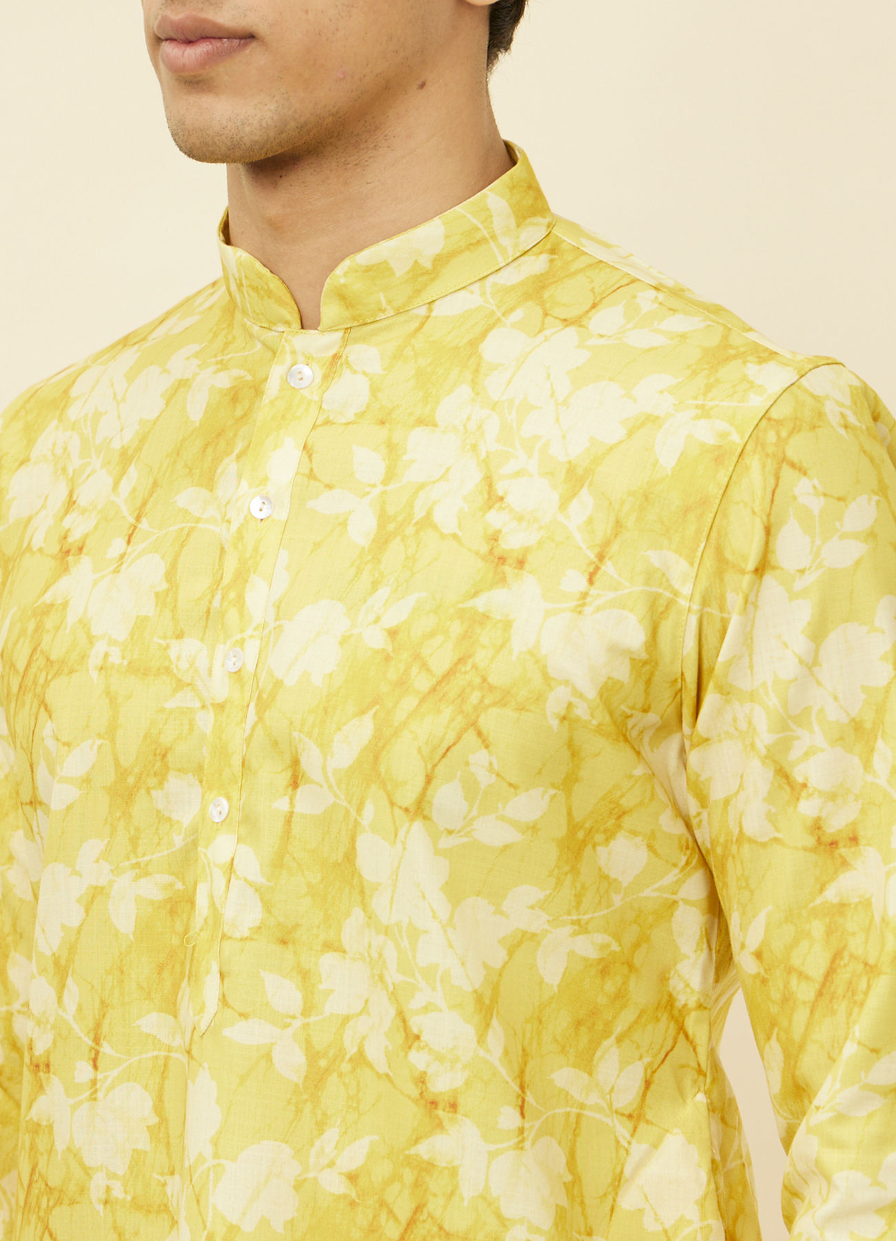 Manyavar Men Corn Yellow Floral Printed Kurta