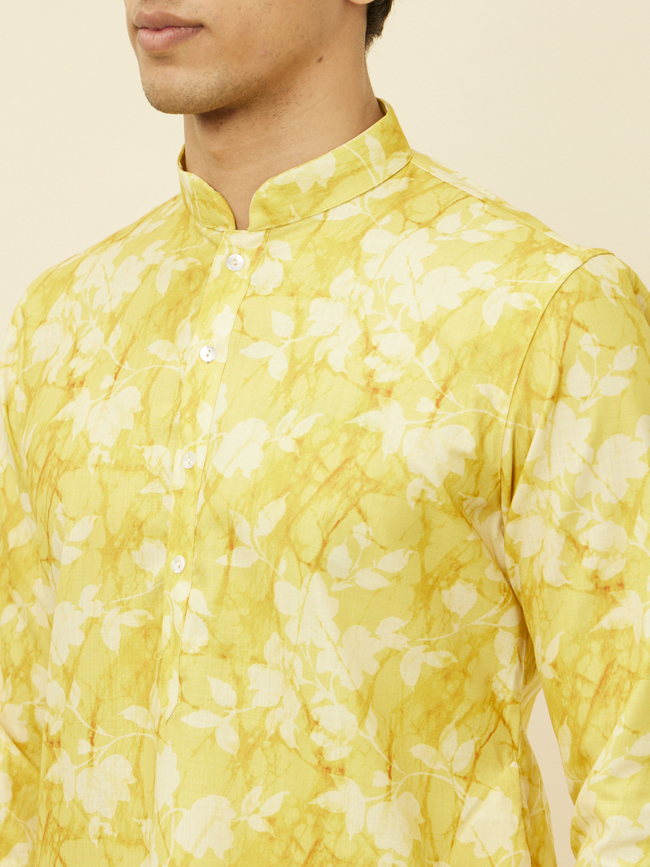 Manyavar Men Corn Yellow Floral Printed Kurta