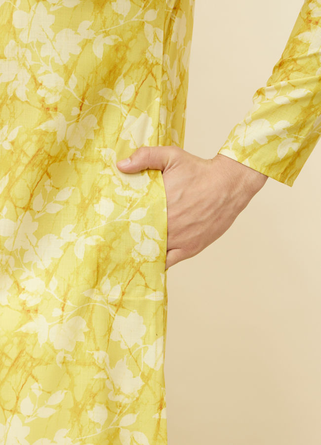 Manyavar Men Corn Yellow Floral Printed Kurta