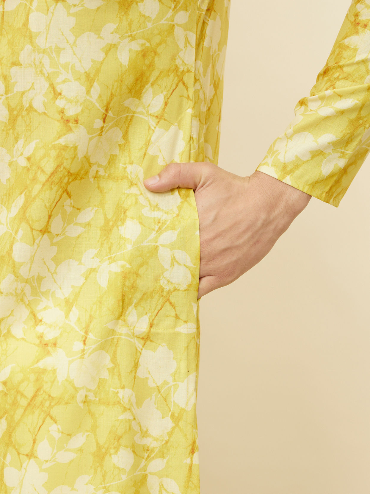 Manyavar Men Corn Yellow Floral Printed Kurta