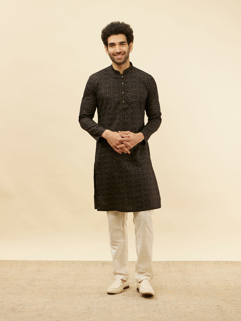 Manyavar Men Coal Black Linear Printed Kurta