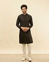 Manyavar Men Coal Black Linear Printed Kurta