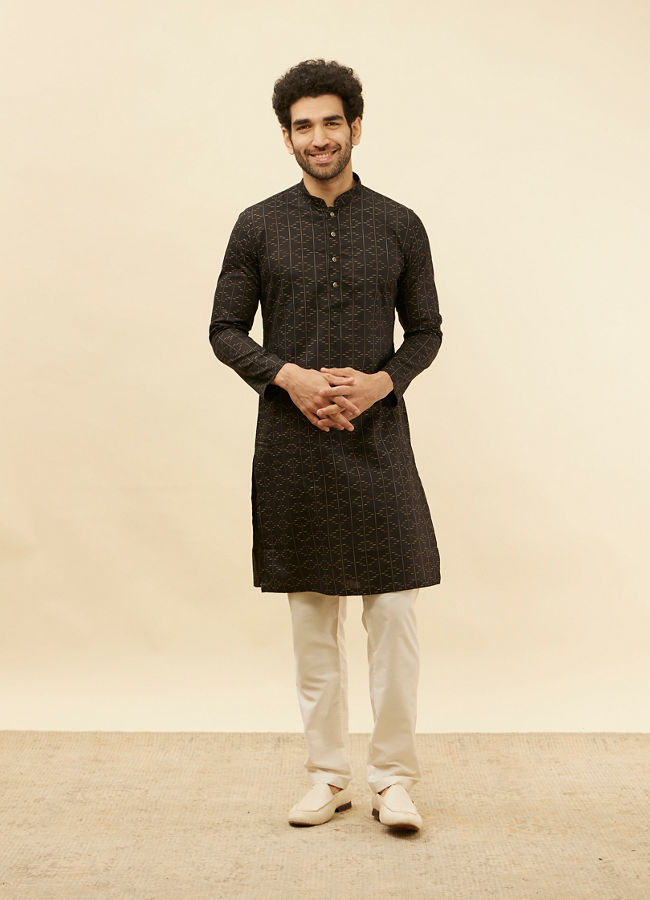 Manyavar Men Coal Black Linear Printed Kurta