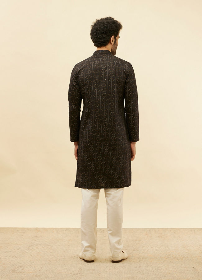 Manyavar Men Coal Black Linear Printed Kurta
