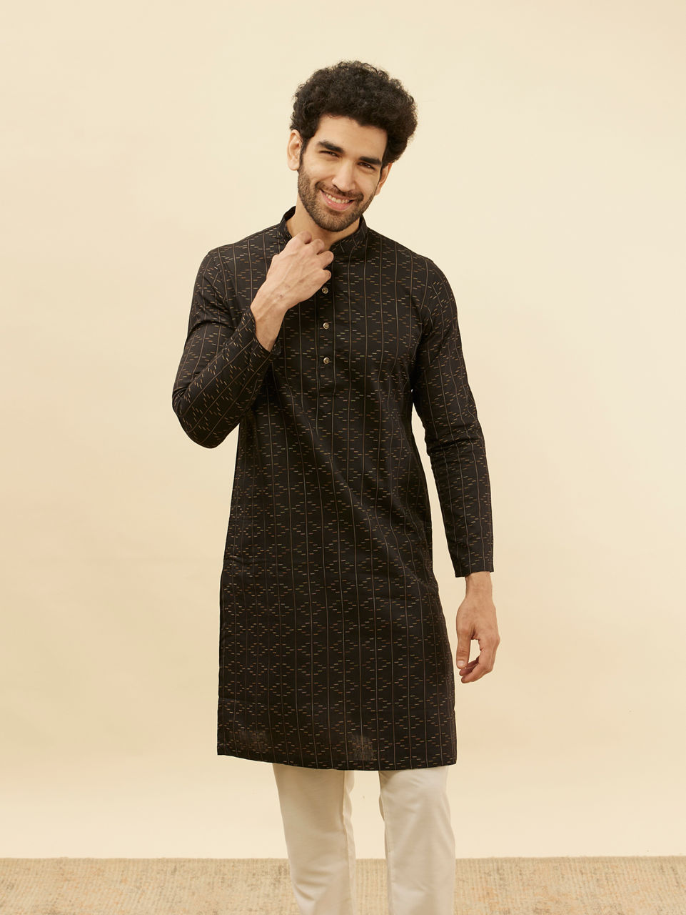 Manyavar Men Coal Black Linear Printed Kurta