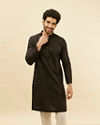 alt message - Manyavar Men Coal Black Linear Printed Kurta image number 0