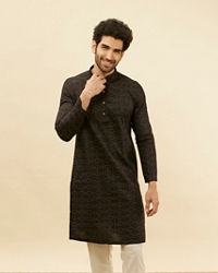 Manyavar Men Coal Black Linear Printed Kurta