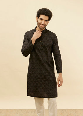Manyavar Men Coal Black Linear Printed Kurta