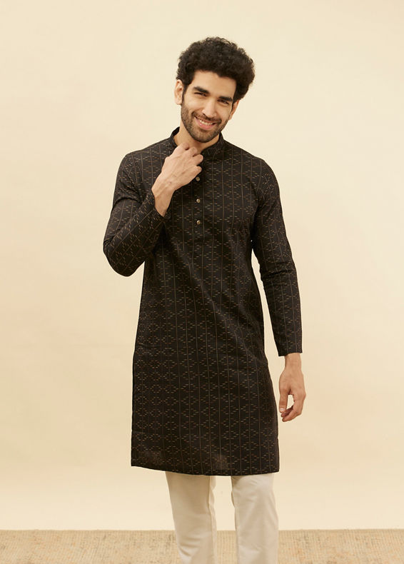 Manyavar Men Coal Black Linear Printed Kurta