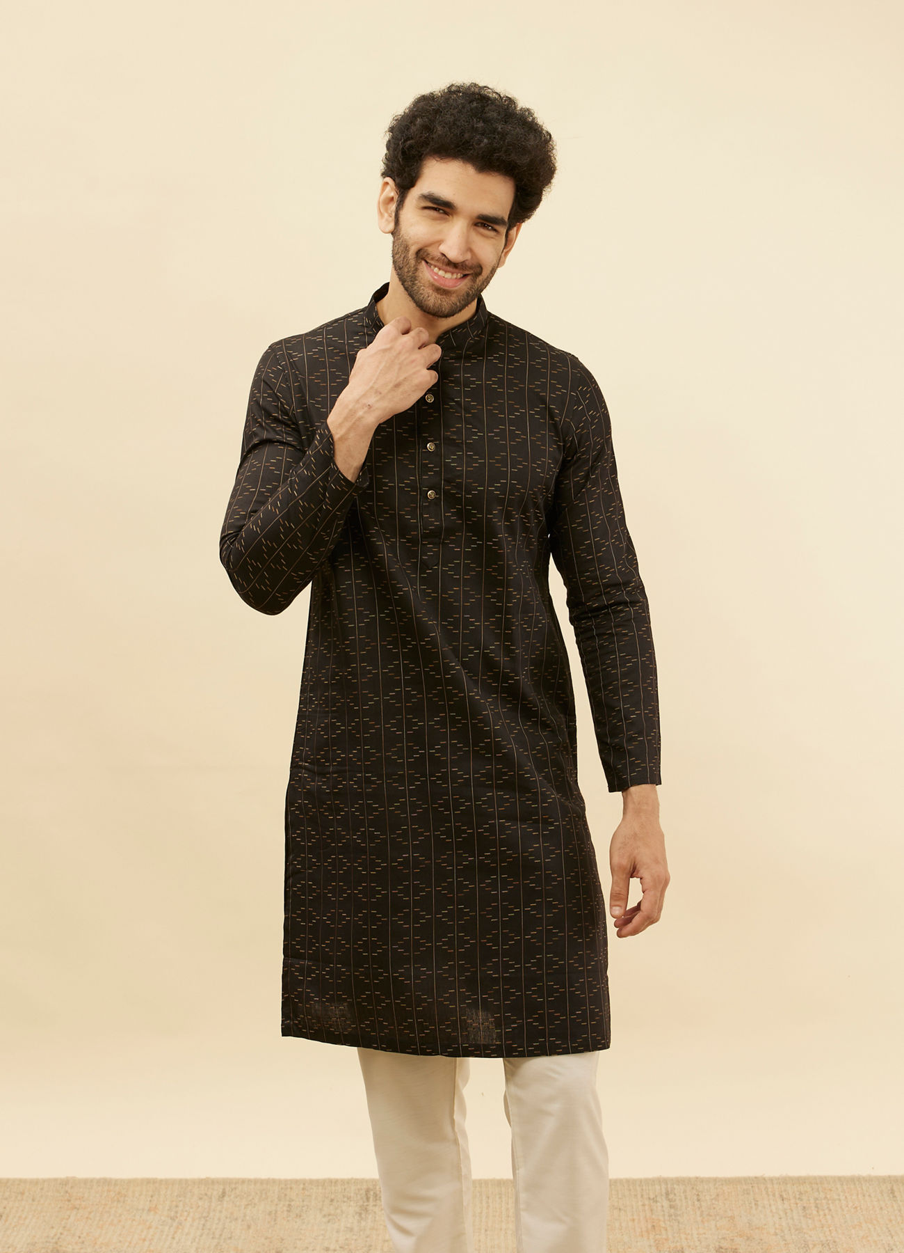 Manyavar Men Coal Black Linear Printed Kurta