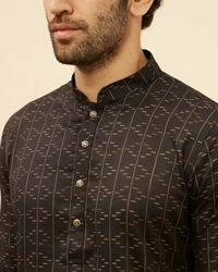 Manyavar Men Coal Black Linear Printed Kurta