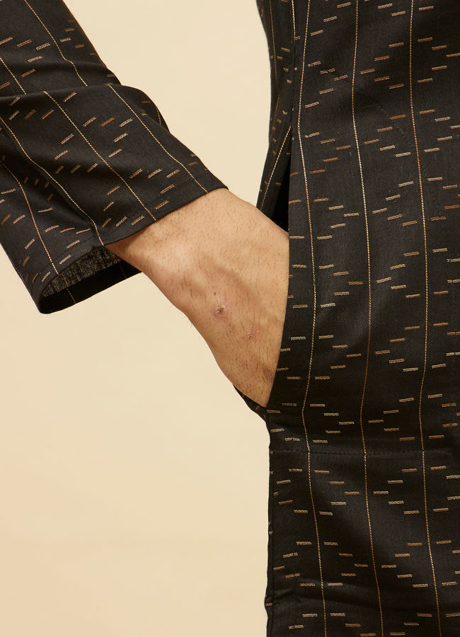 Manyavar Men Coal Black Linear Printed Kurta