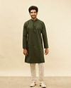 alt message - Manyavar Men Dark Green Linear Printed Kurta image number 2