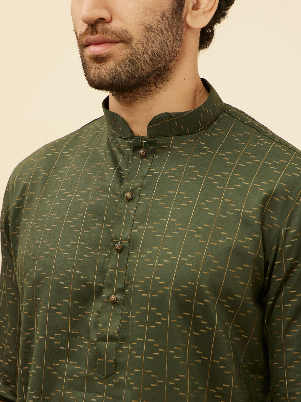 Manyavar Men Dark Green Linear Printed Kurta
