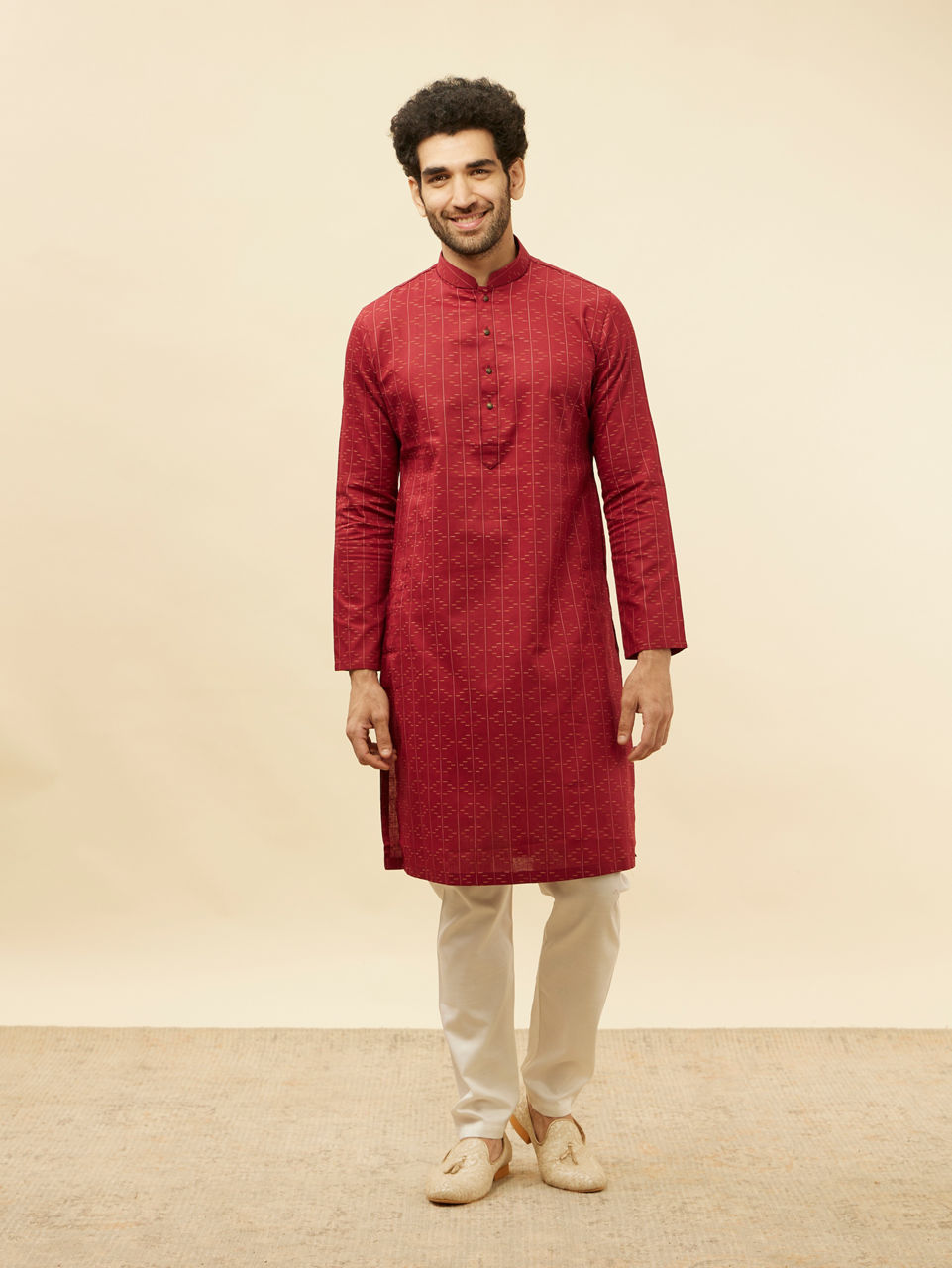 Manyavar Men Maroon Linear Printed Kurta