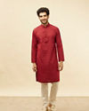 Manyavar Men Maroon Linear Printed Kurta