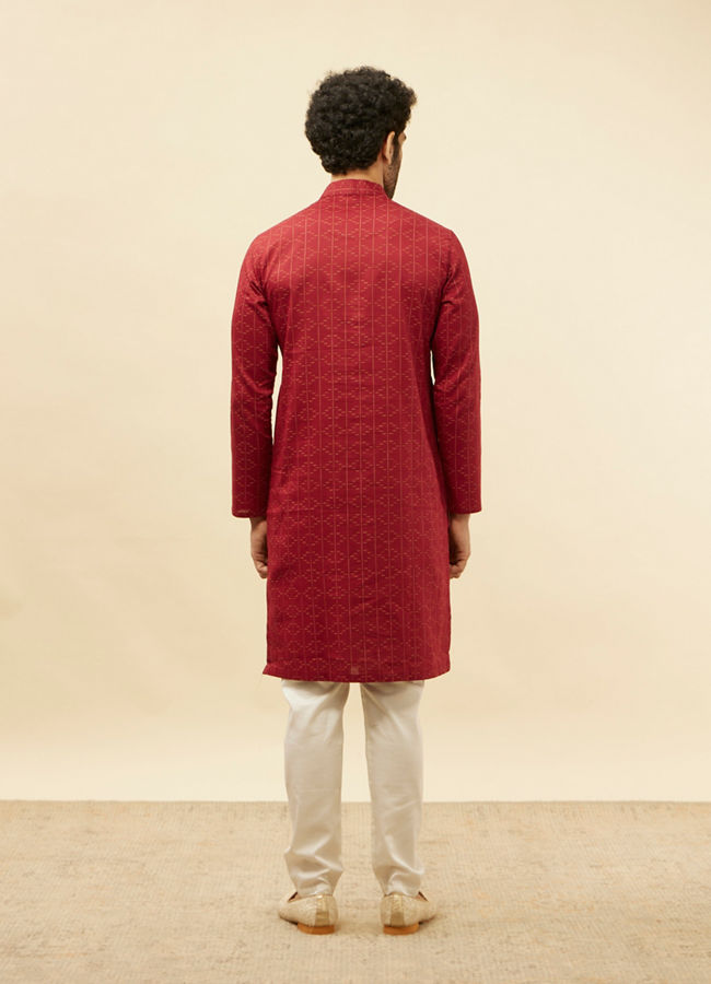 Manyavar Men Maroon Linear Printed Kurta