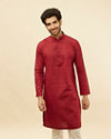 alt message - Manyavar Men Maroon Linear Printed Kurta image number 0