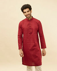 Manyavar Men Maroon Linear Printed Kurta