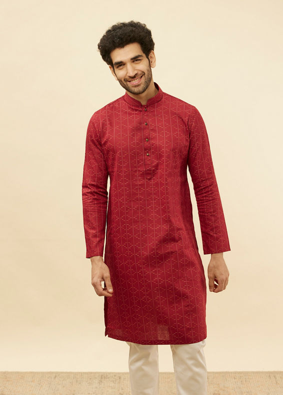 Manyavar Men Maroon Linear Printed Kurta