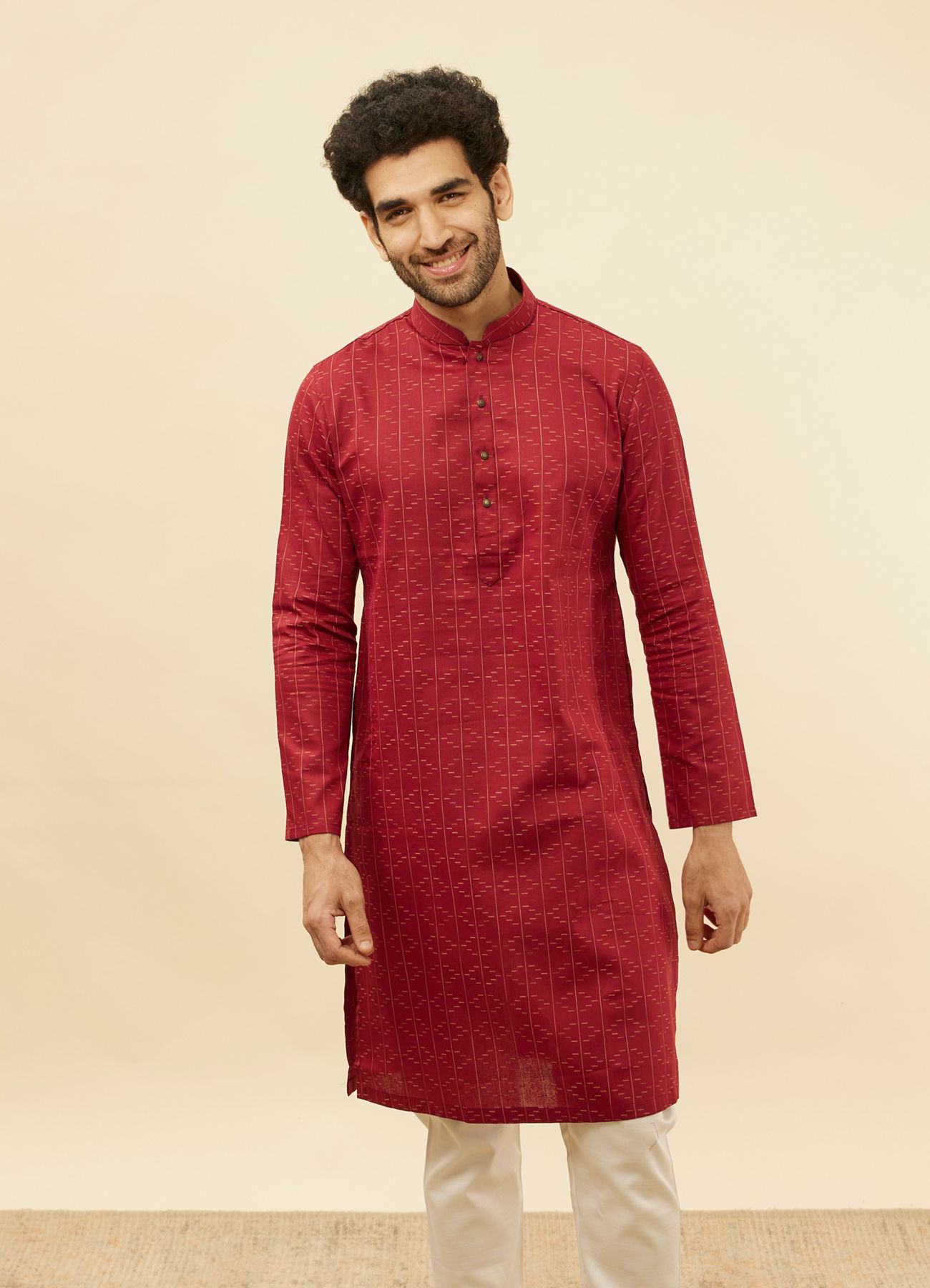 Manyavar Men Maroon Linear Printed Kurta