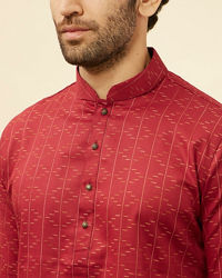 Manyavar Men Maroon Linear Printed Kurta