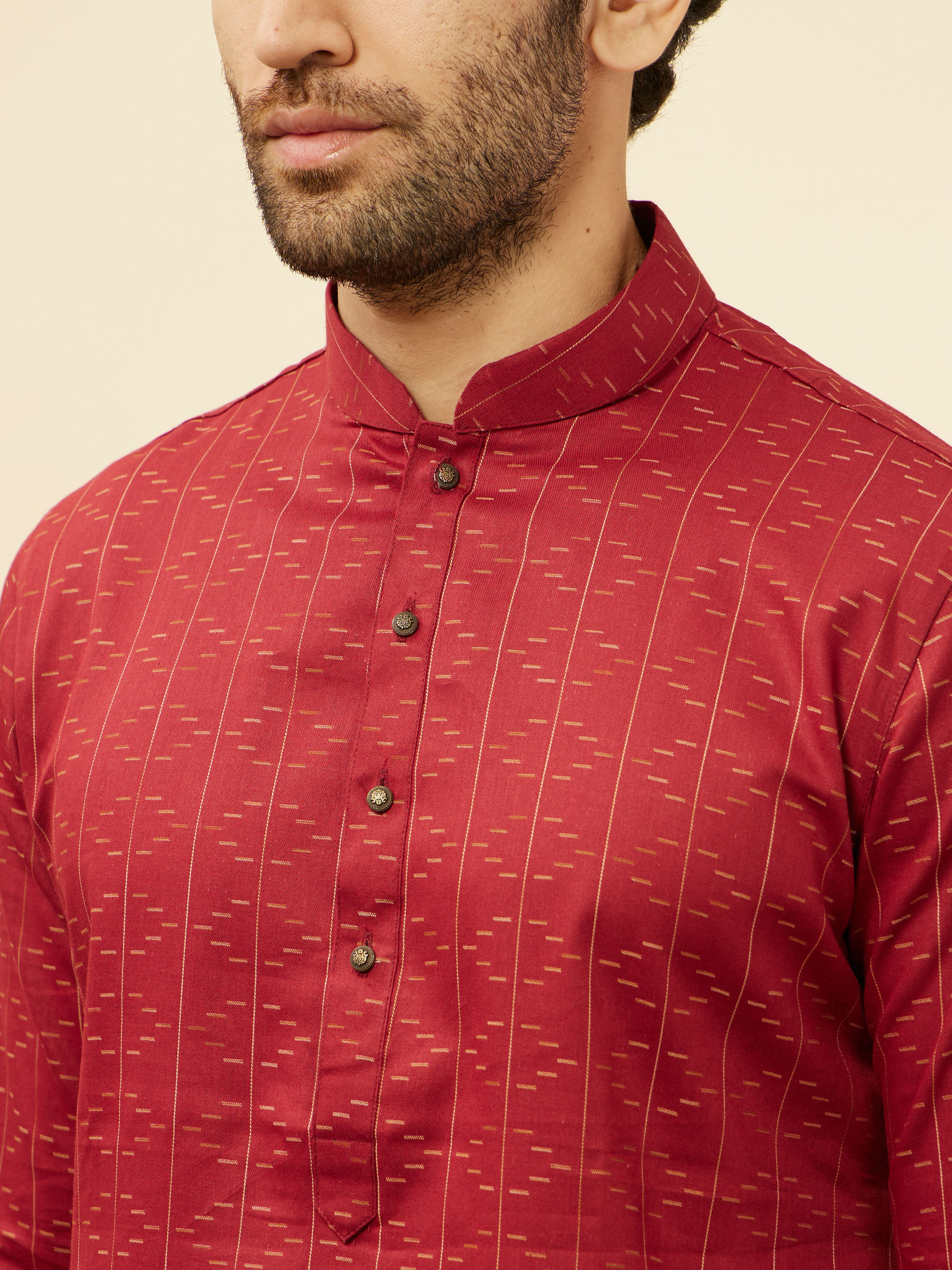 Manyavar Men Maroon Linear Printed Kurta