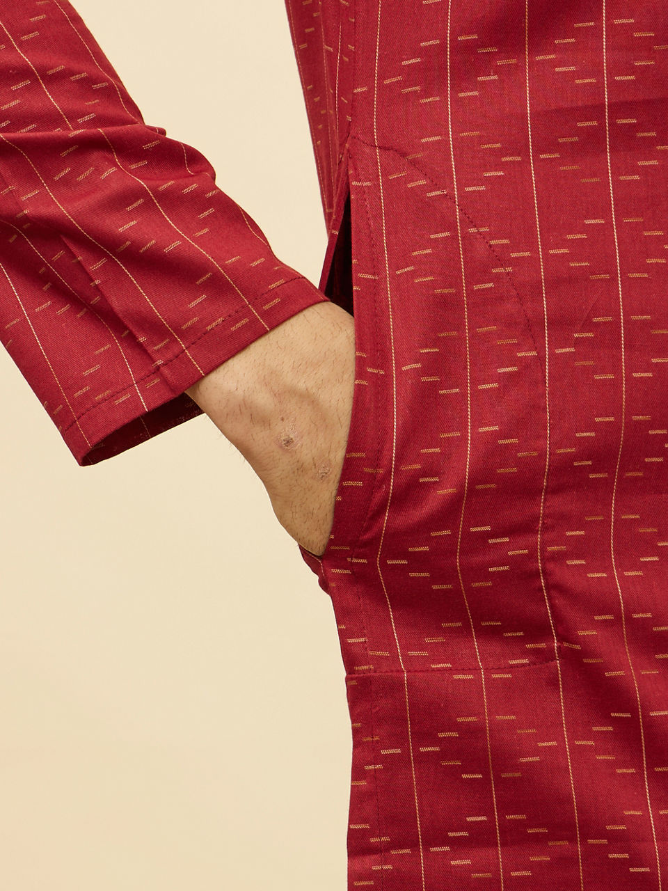 Manyavar Men Maroon Linear Printed Kurta