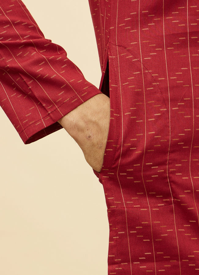 Manyavar Men Maroon Linear Printed Kurta