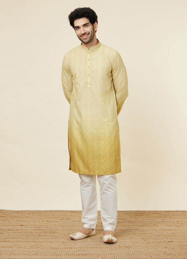 Yellow Green Trellis Patterned Ombre Dyed Kurta image number 2