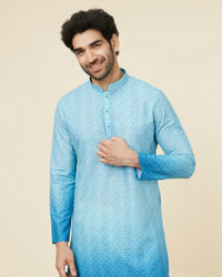 Manyavar Men Azure Blue Trellis Patterned Ombre Dyed Kurta